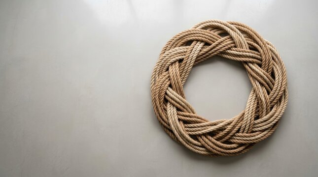 A thick, braided rope forms a circular wreath against a plain white surface. The rope is a natural, light brown color with visible texture and intricate weaving patterns.