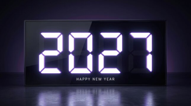 A bright digital clock display showing the year 2027 in white glowing numbers against a dark background for celebration