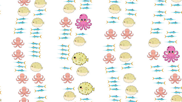 Cartoon pattern of marine animals: octopuses, pufferfish, and fish