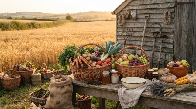 A rustic wooden shed stands beside a golden wheat field under a warm, hazy sunrise. Several woven baskets overflow with colorful fresh vegetables, fruits, and homemade preserves.