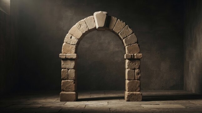 A weathered stone archway stands in a dimly lit, cavernous room. The arch is constructed from rough, rectangular stones, exhibiting a rustic and aged appearance.