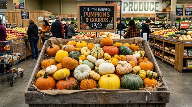 A large display of pumpkins and gourds sits prominently in a supermarket produce section. The colorful display is arranged on a rustic wooden crate covered with burlap.