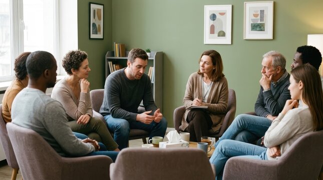 A diverse group of people are seated in a circle around a low table in a warmly lit room. They are engaged in a group therapy session, listening attentively to a man who is speaking.