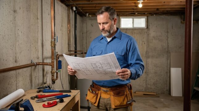 A mature man is intently studying a blueprint in a dimly lit basement. He wears a blue work shirt, khaki pants, and a tool belt.