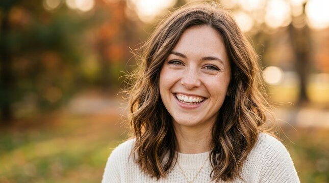A smiling woman with wavy brown hair is looking directly at the camera. She is wearing a cream-colored sweater and a delicate necklace.