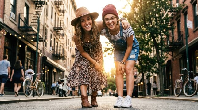 Two young women stand side-by-side, smiling brightly at the camera. They are wearing casual summer outfits, including hats and denim overalls.