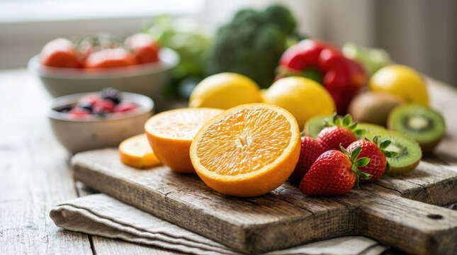A rustic wooden cutting board displays a vibrant assortment of fresh fruits. An orange is sliced, revealing its juicy segments, alongside strawberries, kiwi, lemons, blueberries, and blackberries.