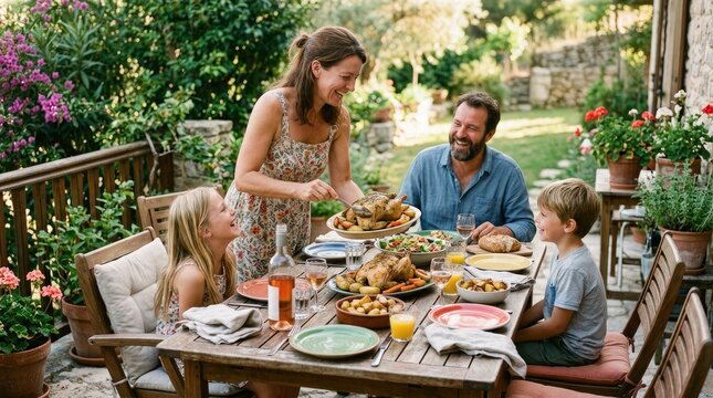 A happy family enjoys a meal together outdoors.
