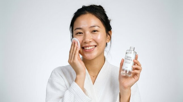 A young Asian woman is applying toner to her face with a cotton pad. She is smiling and appears happy.