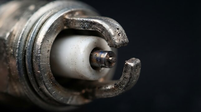 Extreme close up view of dual ground electrode spark plug for high performance ignition systems.