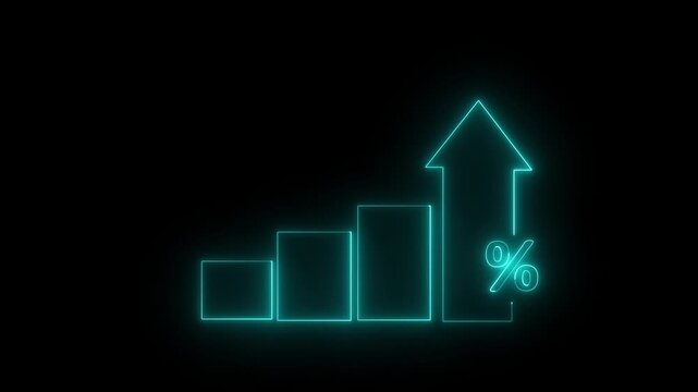 Profit high growth percent icon, stocks, financial, Interest rate and dividend concept. Glowing neon line animated graph and chart with percentage icon on a black background,4K Animation...