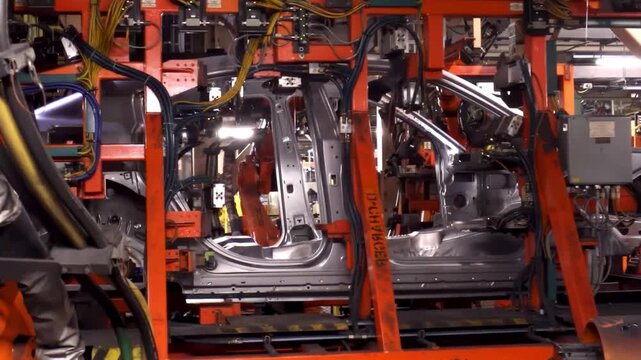 Automated robotic arm welding car chassis on assembly line in modern vehicle manufacturing factory