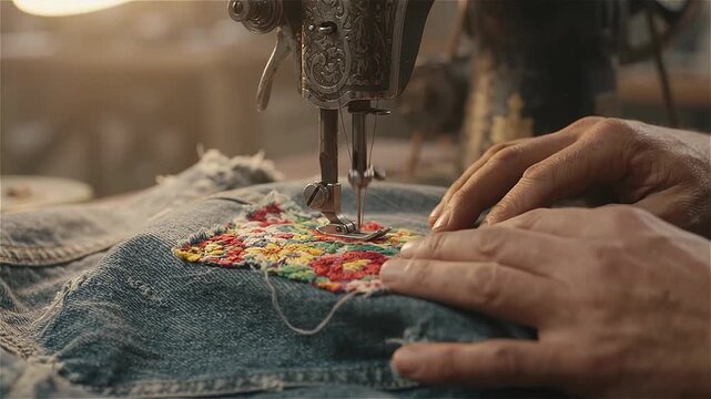 Tailor Sewing Colorful Floral Patch on Ripped Denim Jacket with Vintage Machine   