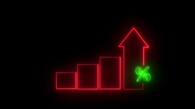 Profit high growth percent icon, stocks, financial, Interest rate and dividend concept. Glowing neon line animated graph and chart with percentage icon on a black background,4K Animation...