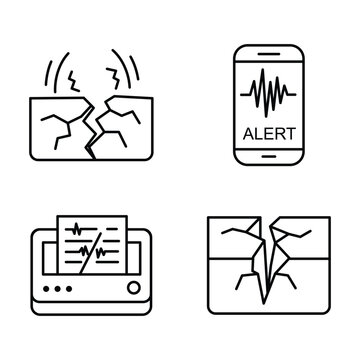 Earthquake disaster warning icons set with cracked ground, seismograph, and mobile phone alert.