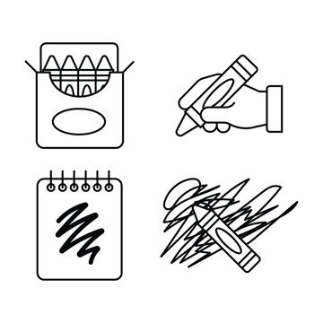 Black and white outline icons featuring crayons, drawing hands, and notebooks for creative art.