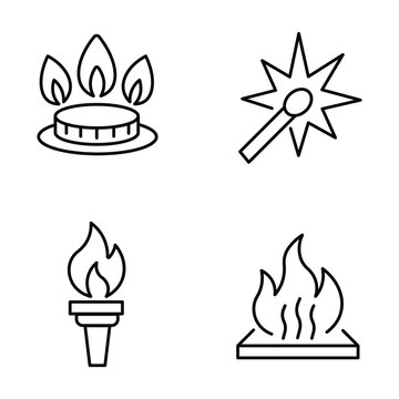 Vector line icons featuring gas stove burner, burning match, classic torch, and campfire flame.