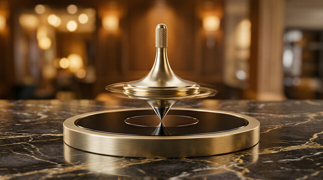 Golden spinning top balancing on marble podium. Focus meditation and precision movement. Brass gyroscope spinning smoothly on reflective stone desk