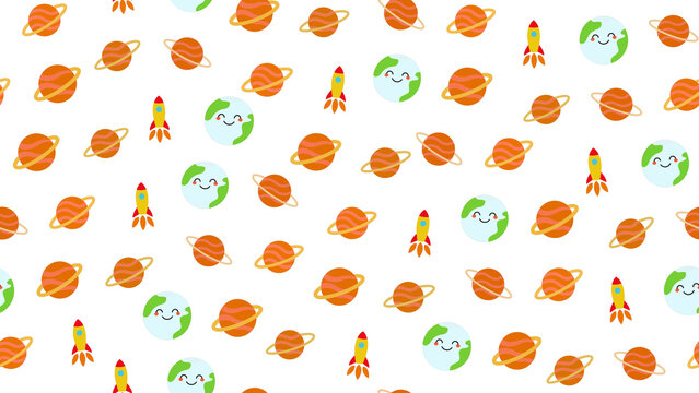 Cute cartoon planets and rockets seamless pattern