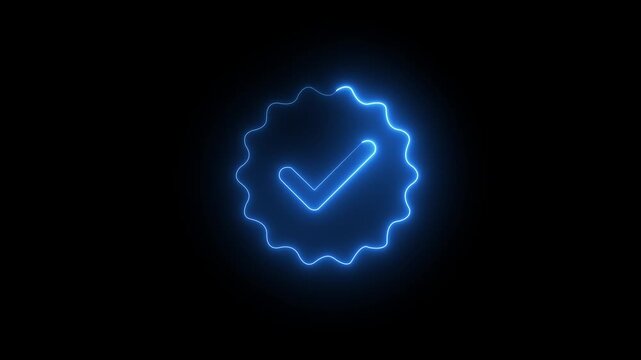 Glowing blue neon verified badge icon for social media verification, approved profile, certified quality, secure guarantee, authenticity