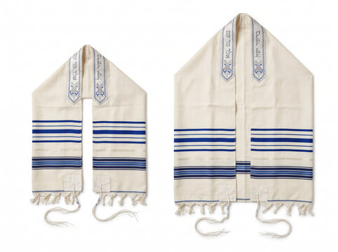 Two traditional white and blue striped tzitzit fringes