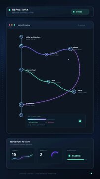 Digital version control dashboard showing code commit history and stats