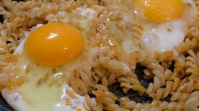 Eggs fry in a pan in close view, showing a simple cooking process for food service promotion, recipe publishing, restaurant content and culinary training materials for cafes and hospitality businesses