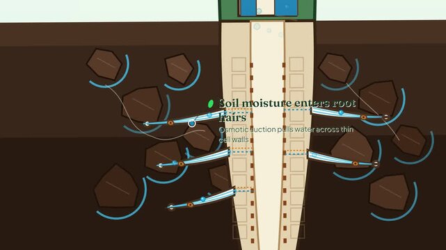 2D educational animation showing the capillary water ascent in a generic plant, explaining cohesion, adhesion, root hair absorption, and transpiration pull in the xylem vessels