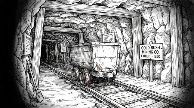 Sketch of dark underground gold mine tunnel with cart.
