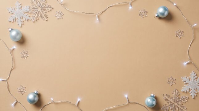Christmas Holiday Winter Border Minimal Flat Lay Top View Beige Background Light Blue Ornaments Silver Snowflakes Frame Template Card Web Banner With Copy Space