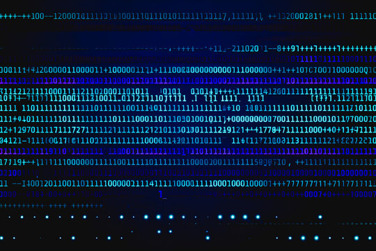 A stream of binary code characters displayed in cyan and blue on a dark background, representing digital data and technology.