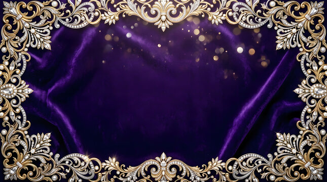 Elegant royal purple velvet fabric background framed with luxurious golden filigree and sparkling diamond jewelry ornaments.