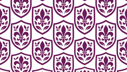 Seamless pattern featuring purple heraldic shields with fleur-de-lis and leaf motifs on a clean white background, ideal for elegant backgrounds, wallpapers, and textile designs. © Dijee Art