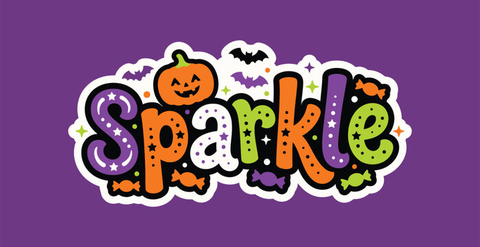 Halloween Sparkle Text Graphic with Jack-o-lantern Pumpkin, Bats, and Candy Illustrations