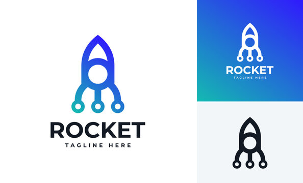 Simple line rocket launch tech wire circuit logo template, Creative technology logo idea concept designs