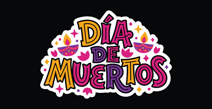 Dia de Muertos colorful hand-lettered typography with traditional diya lamps, vector illustration for Mexican holiday