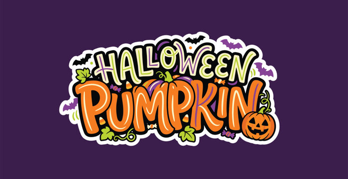 Halloween Pumpkin Typography Illustration with Jack O Lantern and Bats on Purple Background