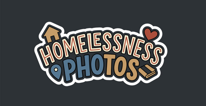 Homelessness Photos Typography Logo with House and Heart Icons, Vector Illustration for Social Awareness Campaigns