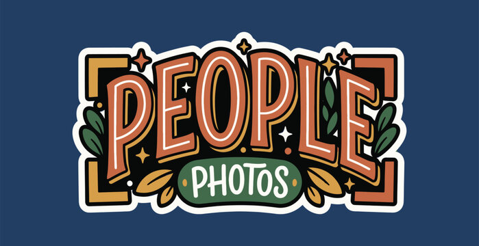 People Photos Typography Sticker Illustration with Retro Groovy Lettering and Botanical Leaves