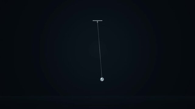 Simple pendulum with silver spherical bob swinging from horizontal bar on dark background, physics animation