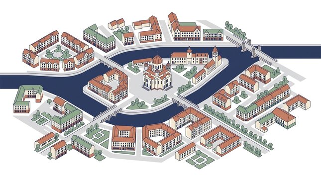 Isometric vector map of Kaliningrad city center with cathedral