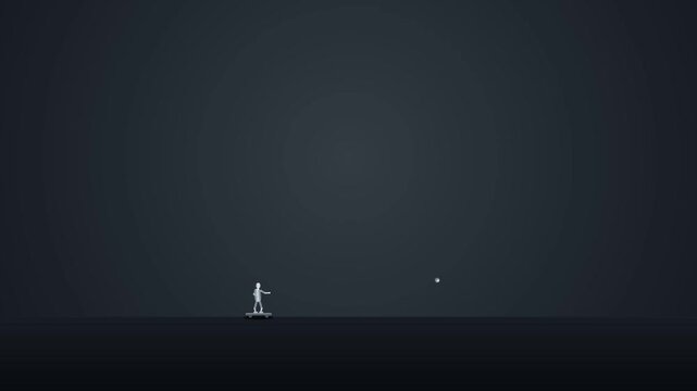 White figure on platform throwing small white ball, gravity and projectile motion, science concept animation