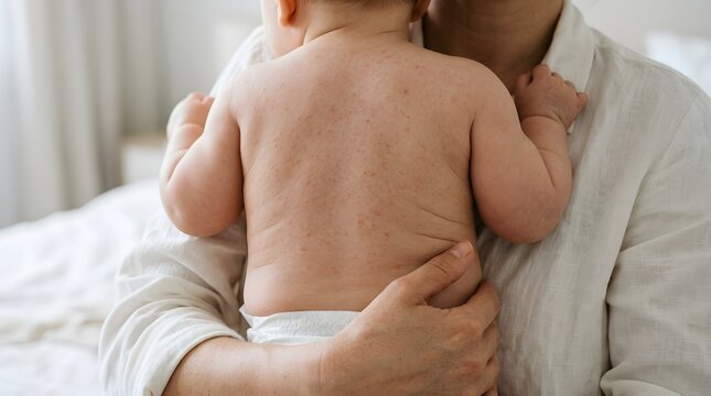 Doctor examining a young child's back during a medical checkup in a clinic
