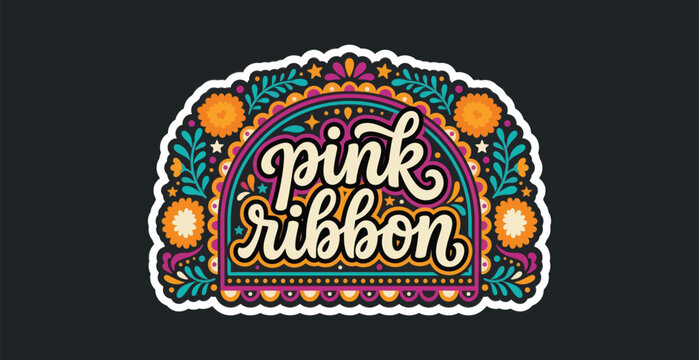 Pink Ribbon Breast Cancer Awareness Vector Illustration with Floral Decorative Folk Art Elements