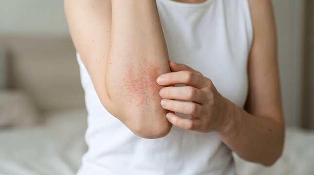 Person scratching irritated skin on forearm showing signs of allergic reaction or dermatitis