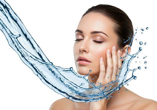 Beautiful young woman with glowing skin feeling fresh with splashing water on her face for a spa and natural beauty treatment isolated on transparent background