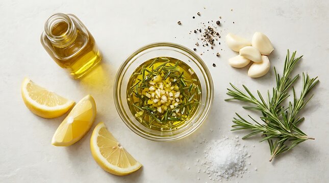 Bowl of fresh herb salad dressing with olive oil lemon rosemary garlic and sea salt.marinade recipe setup
