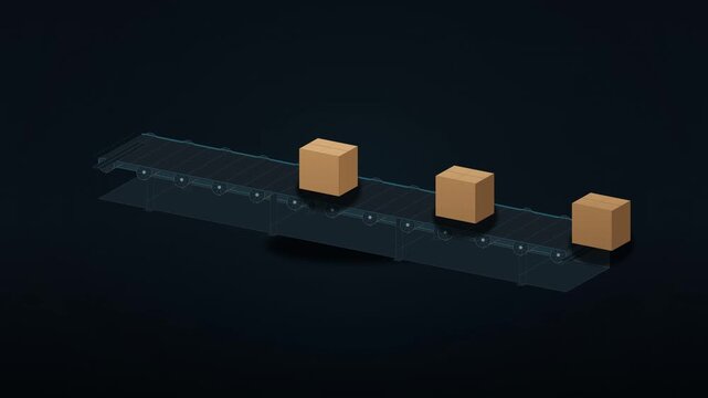 Three identical brown boxes on dark reflective conveyor belt, automation and logistics process animation