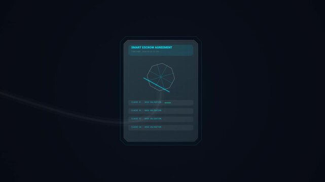 Animation explaining a blockchain based smart escrow contract executing a secure property title deed transaction and transferring funds to a destination wallet in a trustless environment