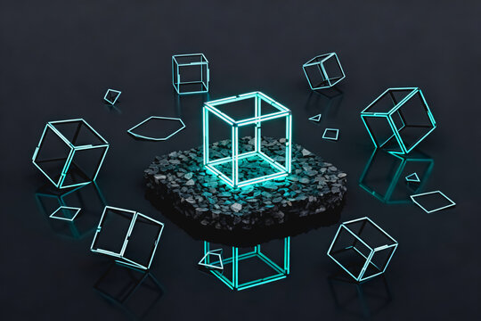 3D rendered glowing wireframe cubes float on a dark reflective surface, with a larger central cube on a gravel platform.
